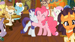 Size: 2491x1407 | Tagged: safe, screencap, character:cayenne, character:minuette, character:parasol, character:pinkie pie, character:rarity, character:saffron masala, character:serena, character:sweet biscuit, character:twinkleshine, character:vino veritas, species:pony, episode:spice up your life, g4, my little pony: friendship is magic, coral bits, discovery family logo, hug, massimo bottura, the tasty treat