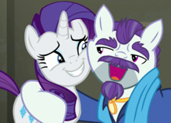 Size: 546x394 | Tagged: safe, screencap, character:mr. stripes, character:rarity, species:pony, species:unicorn, episode:the saddle row review, g4, my little pony: friendship is magic, awkward hug, awkward moment, awkward smile, cheek squish, female, grin, hug, mare, mr stripes, nervous, nervous grin, smiling, squishy cheeks, teeth