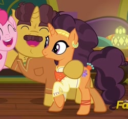 Size: 661x617 | Tagged: safe, screencap, character:coriander cumin, character:pinkie pie, character:saffron masala, species:pony, episode:spice up your life, g4, my little pony: friendship is magic, animation error, extra legs, the tasty treat