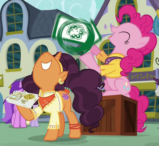 Size: 547x503 | Tagged: safe, screencap, character:amethyst star, character:dinky hooves, character:mochaccino, character:pinkie pie, character:rare find, character:saffron masala, character:sparkler, character:written script, species:pony, episode:spice up your life, g4, my little pony: friendship is magic, animated, it's gonna work, loop, nose in the air, sign spinning