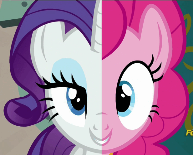 Size: 617x497 | Tagged: safe, screencap, character:pinkie pie, character:rarity, species:pony, episode:spice up your life, g4, my little pony: friendship is magic, animated, it's gonna work, loop, split screen, two sides
