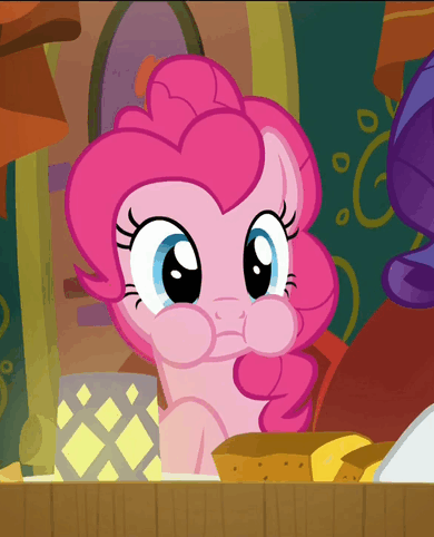 Size: 390x482 | Tagged: safe, screencap, character:pinkie pie, character:rarity, species:pony, episode:spice up your life, g4, my little pony: friendship is magic, animated, cute, derp, diapinkes, eating, grin, open mouth, pointing, poking, puffy cheeks, smiling, solo focus, spit take, talking, the tasty treat, wide eyes