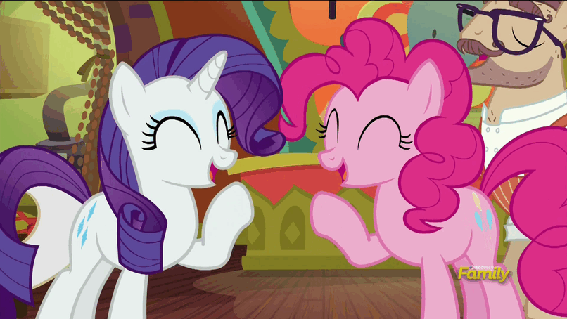 Size: 806x454 | Tagged: safe, screencap, character:pinkie pie, character:rarity, character:vino veritas, species:pony, episode:spice up your life, g4, my little pony: friendship is magic, animated, cute, discovery family logo, hoofbump, loop, massimo bottura