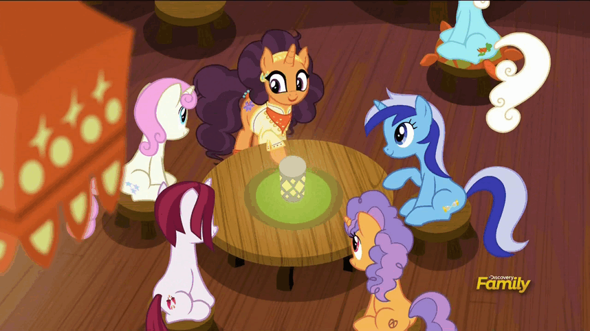 Size: 858x482 | Tagged: safe, screencap, character:cayenne, character:minuette, character:pretzel twist, character:saffron masala, character:serena, character:twinkleshine, species:earth pony, species:pony, species:unicorn, episode:spice up your life, g4, my little pony: friendship is magic, animated, background pony, discovery family logo, female, food, levitation, magic, mare, pretzel, telekinesis, the tasty treat
