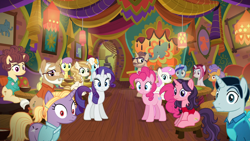 Size: 1920x1080 | Tagged: safe, screencap, character:cayenne, character:minuette, character:parasol, character:pinkie pie, character:pretzel twist, character:rarity, character:serena, character:sweet biscuit, character:twinkleshine, character:vino veritas, species:pony, episode:spice up your life, g4, my little pony: friendship is magic, bon appétit, coral bits, culinary art (character), food, jiffy bake, julia child, massimo bottura, mr. food, rachael ray, the tasty treat