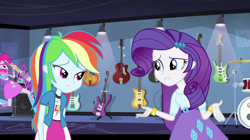 Size: 959x538 | Tagged: safe, screencap, character:pinkie pie, character:rainbow dash, character:rarity, episode:guitar centered, equestria girls:rainbow rocks, g4, my little pony:equestria girls, balloon, boots, bracelet, clothing, drum kit, drums, electric guitar, guitar, high heel boots, jewelry, musical instrument, skirt