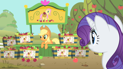 Size: 1280x720 | Tagged: safe, screencap, character:applejack, character:fluttershy, character:rarity, species:pony, episode:green isn't your color, g4, my little pony: friendship is magic, apple, food, rarity looking at food
