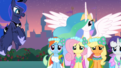 Size: 1920x1080 | Tagged: safe, screencap, character:applejack, character:fluttershy, character:princess celestia, character:princess luna, character:rainbow dash, character:rarity, species:alicorn, species:earth pony, species:pegasus, species:pony, species:unicorn, episode:a canterlot wedding, g4, my little pony: friendship is magic, bridesmaid dress, c:, clothing, crying, cute, dashabetes, dress, female, flying, grin, hoof shoes, jewelry, looking at you, mare, open mouth, peytral, regalia, shyabetes, smiling, spread wings, tears of joy, wings