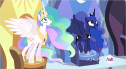 Size: 856x471 | Tagged: safe, screencap, character:princess celestia, character:princess luna, species:alicorn, species:pony, episode:equestria games, g4, my little pony: friendship is magic, duo, ethereal mane, female, hub logo, hubble, looking up, mare, open mouth, royal sisters, shocked, sisters, spread wings, standing, throne, wings