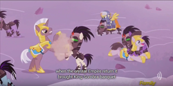Size: 640x320 | Tagged: safe, artist:mlp-captions, screencap, species:pony, episode:the cutie re-mark, alternate timeline, banquet, crystal war timeline, discovery family logo, equestrian army, meme, sombra's army, youtube caption