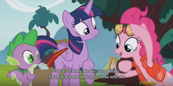 Size: 640x319 | Tagged: safe, artist:mlp-captions, screencap, character:pinkie pie, character:spike, character:twilight sparkle, character:twilight sparkle (alicorn), species:alicorn, species:pony, episode:what about discord?, g4, my little pony: friendship is magic, back to the future, discovery family logo, meme, youtube caption