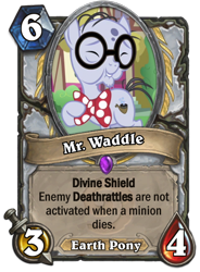 Size: 400x543 | Tagged: safe, screencap, character:mr. waddle, species:earth pony, species:pony, bow tie, card, elderly, eyes closed, glasses, hearthstone, liver spots, male, meta, solo, stallion, warcraft