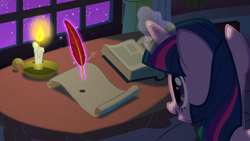 Size: 1920x1080 | Tagged: safe, screencap, character:twilight sparkle, species:pony, episode:owl's well that ends well, g4, my little pony: friendship is magic, book, candle, feather, golden oaks library, magic, night, quill, scroll, solo, telekinesis, writing