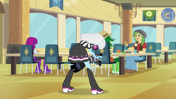 Size: 1280x720 | Tagged: safe, screencap, character:mystery mint, character:photo finish, character:sandalwood, episode:photo finished, equestria girls:friendship games, g4, my little pony:equestria girls, boots, cafeteria, celery, clothing, food, football, high heel boots, orange, shoes, table