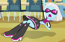 Size: 554x357 | Tagged: safe, screencap, character:photo finish, character:sandalwood, episode:photo finished, equestria girls:friendship games, g4, my little pony:equestria girls, boots, cafeteria, cropped, food, high heel boots, orange, sweet leaf