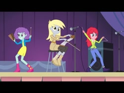 Size: 640x480 | Tagged: safe, screencap, character:derpy hooves, equestria girls:rainbow rocks, g4, my little pony:equestria girls, blueberry pie, cowbell, musical instrument, musical saw, raspberry fluff, the muffins, triangle