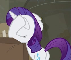 Size: 491x412 | Tagged: safe, screencap, character:rarity, species:pony, species:unicorn, episode:the saddle row review, g4, my little pony: friendship is magic, bipedal, box, butt, cropped, female, floppy ears, hooves on ears, mare, plot, rearity, solo, stressed, this will not end well