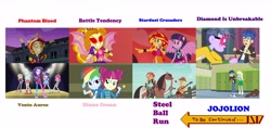 Size: 5462x2584 | Tagged: safe, screencap, character:adagio dazzle, character:applejack, character:bon bon, character:cheerilee, character:derpy hooves, character:flash sentry, character:fluttershy, character:lyra heartstrings, character:majorette, character:pinkie pie, character:rainbow dash, character:rarity, character:sunset shimmer, character:sweeten sour, character:sweetie drops, character:twilight sparkle, episode:life is a runway, equestria girls:friendship games, equestria girls:rainbow rocks, g4, my little pony:equestria girls, 1000 hours in ms paint, battle tendency, comparison, diamond is unbreakable, dio brando, hoers, horse, humane seven, jojo's bizarre adventure, jojolion, kars, lonestar, majorette, mane six, ms paint, passione, phantom blood, ponied up, spongebob comparison charts, stand, stardust crusaders, steel ball run, stone ocean, sweeten sour, to be continued, ultimate life form, vento aureo