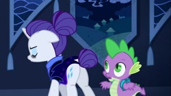 Size: 1100x618 | Tagged: safe, screencap, character:rarity, character:spike, species:pony, species:unicorn, episode:the cutie re-mark, alternate timeline, duo, eyes on the prize, female, flank, male, mare, night maid rarity, night maid rearity, nightmare takeover timeline, plot, rearity