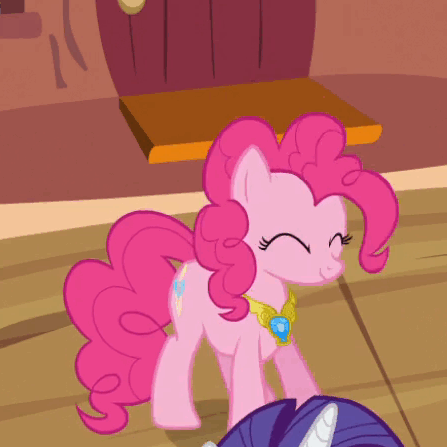 Size: 447x447 | Tagged: safe, screencap, character:pinkie pie, character:rarity, species:pony, episode:magical mystery cure, g4, my little pony: friendship is magic, animated, cute, diapinkes, eyes closed, happy, jumping, solo focus