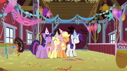 Size: 1280x720 | Tagged: safe, screencap, character:applejack, character:fluttershy, character:rarity, character:twilight sparkle, species:pony, episode:party of one, g4, my little pony: friendship is magic, balloon, barn, bell, cake, clothing, cute, eyes closed, food, hat, hay, party, party hat, party horn, pitchfork, smiling, streamers, wheel