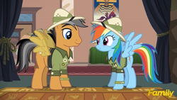 Size: 615x346 | Tagged: safe, screencap, character:daring do, character:quibble pants, character:rainbow dash, species:pony, episode:stranger than fanfiction, clothing, cosplay, costume, discovery family logo