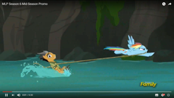 Size: 1600x900 | Tagged: safe, screencap, character:quibble pants, character:rainbow dash, species:pony, episode:stranger than fanfiction, discovery family logo, flying, river, rope, water, youtube