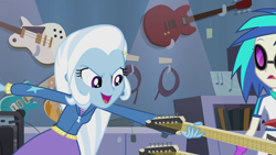 Size: 1280x720 | Tagged: safe, screencap, character:dj pon-3, character:trixie, character:vinyl scratch, episode:guitar centered, equestria girls:rainbow rocks, g4, my little pony:equestria girls, electric guitar, female, guitar