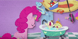 Size: 853x437 | Tagged: safe, screencap, character:pinkie pie, character:pound cake, character:pumpkin cake, species:pony, baby flurry heart's heartfelt scrapbook, bath, bathing together, bathtub, claw foot bathtub, raft