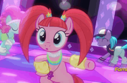 Size: 498x327 | Tagged: safe, screencap, character:azure velour, character:pacific glow, species:pony, episode:the saddle row review, g4, my little pony: friendship is magic, :o, animated, bangs, cropped, cute, dancing, dancing queen, flank spin, flashdancer, flexible, furry leg warmers, glowbetes, glowstick, gyration, leg warmers, open mouth, pacifier, pigtails, rave, tail twirl