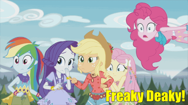 Size: 640x360 | Tagged: safe, screencap, character:applejack, character:fluttershy, character:pinkie pie, character:rainbow dash, character:rarity, equestria girls:legend of everfree, g4, my little pony:equestria girls, animated, boho, camp fashion show outfit, freaky deaky, geometric, humane five, hypocritical humor, in which pinkie pie forgets how to gravity, pinkie being pinkie, pinkie physics