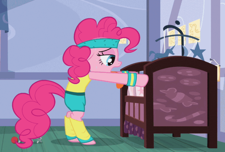 Size: 739x500 | Tagged: safe, screencap, character:pinkie pie, episode:baby cakes, g4, my little pony: friendship is magic, animated, headband, leg warmers, panting, workout outfit, wristband