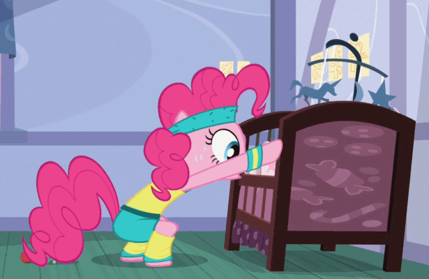 Size: 615x400 | Tagged: safe, screencap, character:pinkie pie, episode:baby cakes, g4, my little pony: friendship is magic, animated, headband, leg warmers, sweat, workout, workout outfit, wristband