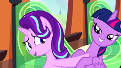 Size: 1280x720 | Tagged: safe, screencap, character:starlight glimmer, character:twilight sparkle, character:twilight sparkle (alicorn), species:alicorn, species:pony, episode:the crystalling, g4, my little pony: friendship is magic, grin, lidded eyes, nervous, open mouth, out of context, pushing, smiling