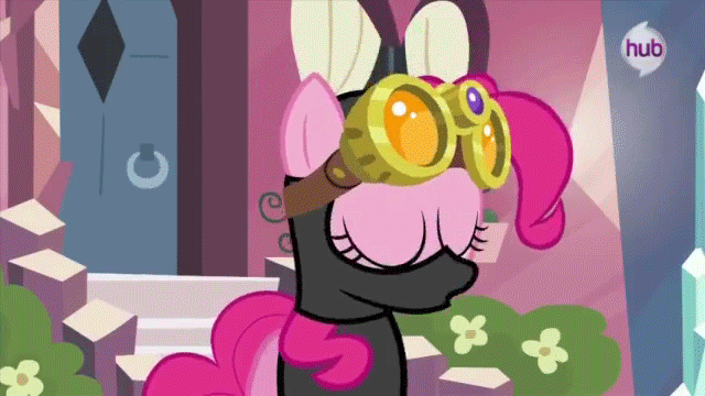 Size: 640x360 | Tagged: safe, screencap, character:pinkie pie, episode:pinkie spy, episode:the crystal empire, g4, my little pony: friendship is magic, my little pony:equestria girls, animated, hoof on hip, hub logo, night vision goggles, solo, splinter cell
