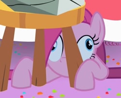 Size: 627x505 | Tagged: safe, screencap, character:pinkamena diane pie, character:pinkie pie, species:earth pony, species:pony, episode:party of one, g4, my little pony: friendship is magic, contemplating insanity, crab pony, derp, female, mare, meme, prone, solo