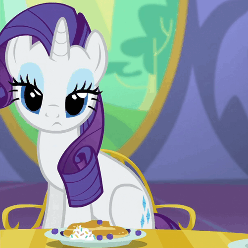 Size: 501x501 | Tagged: safe, screencap, character:rarity, species:pony, species:unicorn, episode:castle sweet castle, g4, my little pony: friendship is magic, :<, animated, behaving like a cat, blinking, chair, cute, female, food, frown, looking at you, mare, pancakes, raribetes, raricat, rarity looking at food, sad, sitting, solo
