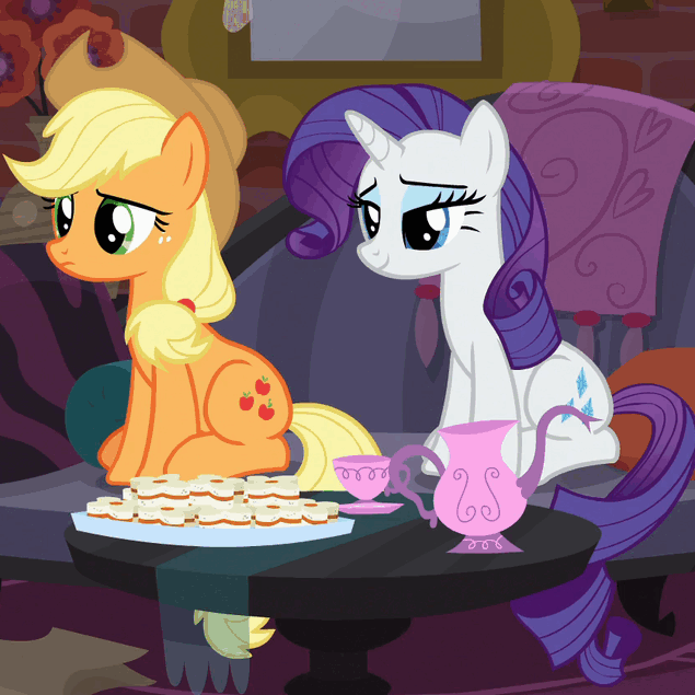 Size: 635x635 | Tagged: safe, screencap, character:applejack, character:rarity, species:earth pony, species:pony, species:unicorn, episode:made in manehattan, g4, my little pony: friendship is magic, animated, applejack's hat, clothing, cowboy hat, cup, cute, eating, female, food, glowing horn, hat, jackabetes, magic, mare, mouth hold, nom, open mouth, raritea, sitting, smiling, tea, tea time, teacup, teapot, telekinesis