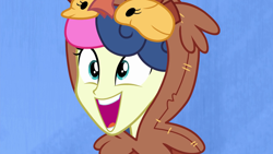 Size: 1280x720 | Tagged: safe, screencap, character:bon bon, character:sweetie drops, episode:all's fair in love & friendship games, g4, my little pony:equestria girls, abstract background, bird costume, bon owl, open mouth, solo