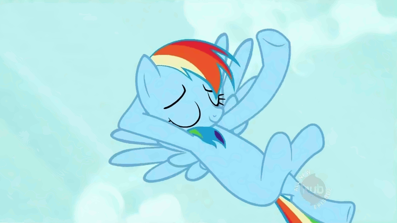 Size: 800x450 | Tagged: safe, screencap, character:rainbow dash, episode:may the best pet win, g4, my little pony: friendship is magic, animated, eyes closed, flying, hub logo, solo