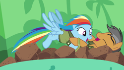 Size: 1600x900 | Tagged: safe, screencap, character:quibble pants, character:rainbow dash, species:pony, episode:stranger than fanfiction, ball pit, rock pit, shipping fuel, tackle