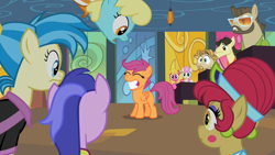 Size: 800x450 | Tagged: safe, screencap, character:allie way, character:big wig, character:cherry berry, character:jeff letrotski, character:sassaflash, character:scootaloo, character:sea swirl, character:twinkleshine, species:pegasus, species:pony, episode:the cutie pox, g4, my little pony: friendship is magic, colter sobchak, donny, grin, theodore donald "donny" kerabatsos