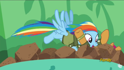 Size: 1334x750 | Tagged: safe, screencap, character:quibble pants, character:rainbow dash, species:pony, episode:stranger than fanfiction, discovery family logo, rock pit, shipping fuel, tackle