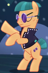 Size: 410x617 | Tagged: safe, screencap, character:spectrum shades, species:earth pony, species:pony, episode:the mane attraction, g4, my little pony: friendship is magic, background pony, backup dancers, clothing, eyes closed, jacket, leather jacket, male, rearing, solo, stallion, sunglasses