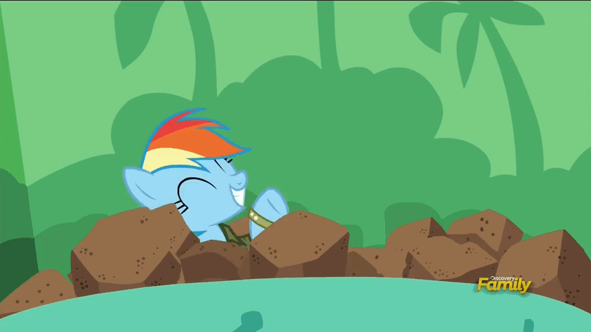 Size: 858x482 | Tagged: safe, screencap, character:quibble pants, character:rainbow dash, species:pony, episode:stranger than fanfiction, animated, cute, discovery family logo, pounce
