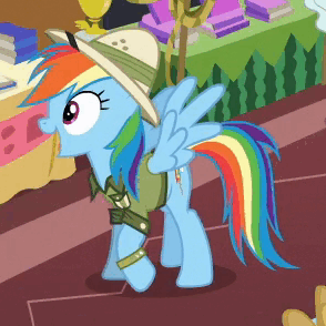 Size: 294x294 | Tagged: safe, screencap, character:daring do, character:rainbow dash, species:pony, episode:stranger than fanfiction, adorkable, animated, clothing, cute, dashabetes, dork, excited, happy, hat, loop, prancing, solo, spread wings, trotting, trotting in place, wings