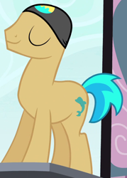 Size: 526x736 | Tagged: safe, screencap, species:earth pony, species:pony, episode:leap of faith, g4, my little pony: friendship is magic, background pony, clothing, cropped, hat, male, solo, stallion, swimming cap, unnamed pony