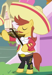 Size: 350x509 | Tagged: safe, screencap, species:earth pony, species:pony, episode:it ain't easy being breezies, g4, my little pony: friendship is magic, background pony, clothing, hat, luis, male, mariachi, musical instrument, solo, stallion