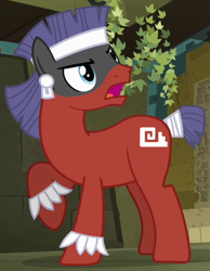 Size: 424x546 | Tagged: safe, screencap, species:earth pony, species:pony, episode:daring don't, g4, my little pony: friendship is magic, aztec, background pony, bodypaint, cropped, male, open mouth, raised hoof, solo, stallion, tail wrap, unnamed pony
