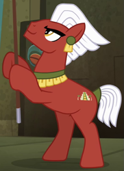 Size: 407x562 | Tagged: safe, screencap, species:earth pony, species:pony, episode:daring don't, g4, my little pony: friendship is magic, aztec, background pony, cropped, male, rearing, solo, stallion, unnamed pony